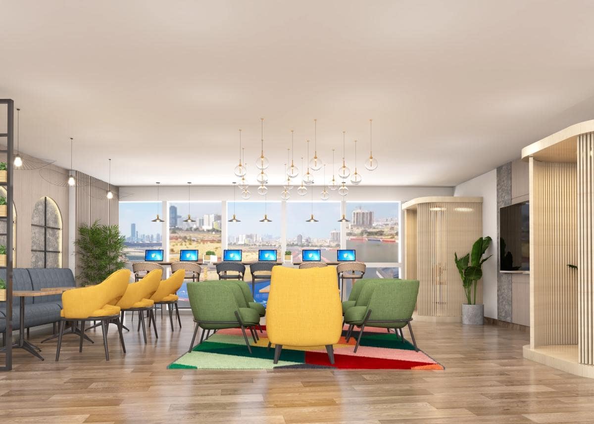 3d image of modern office design with a colorful chairs placed on the floor